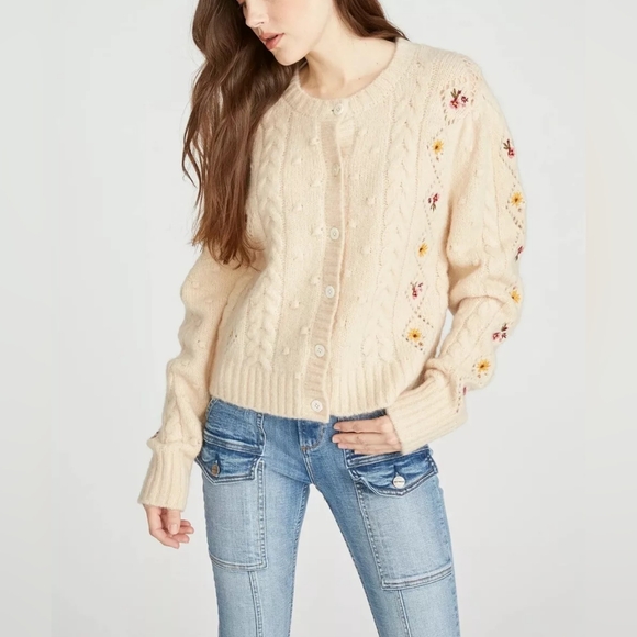Driftwood Wool Jeans Penny Sweater Cardigan Cream Bliss Embordered 💐 Size Small - Picture 1 of 14